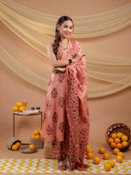 Yufta Peach Floral_Print Pure Cotton A-Line Kurta Dupatta Set | Grocsy