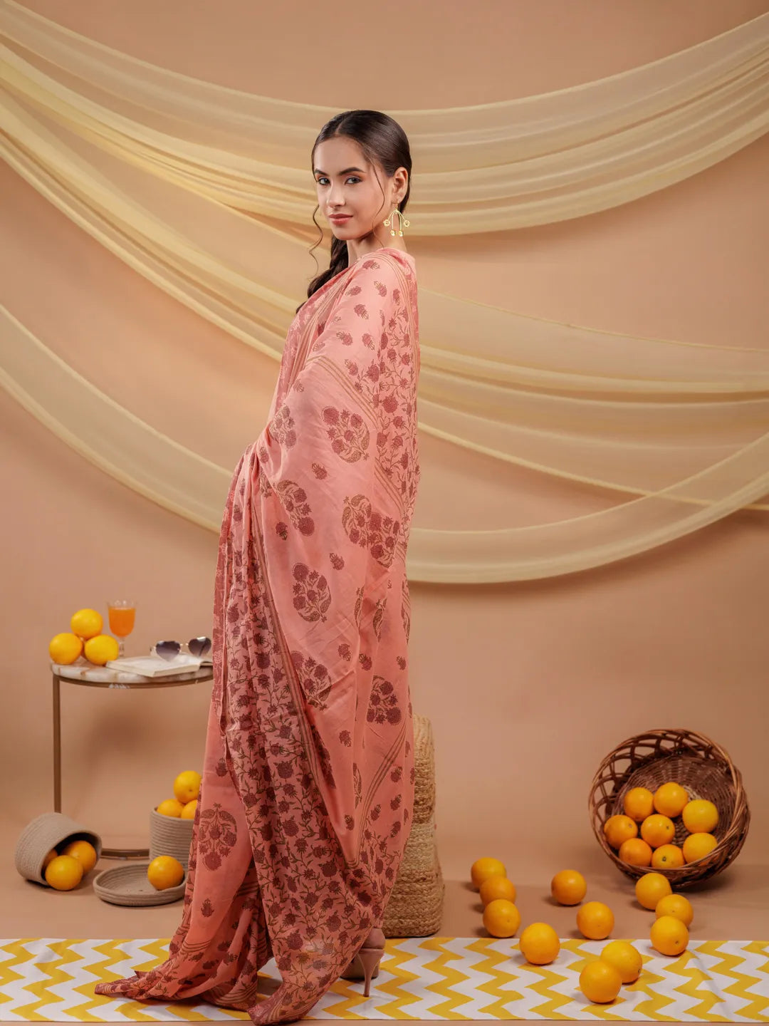 Yufta Peach Floral_Print Pure Cotton A-Line Kurta Dupatta Set | Grocsy