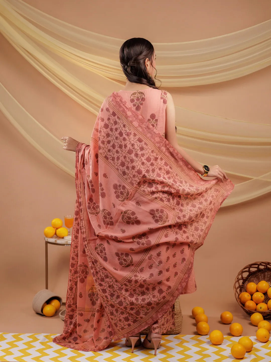 Yufta Peach Floral_Print Pure Cotton A-Line Kurta Dupatta Set | Grocsy