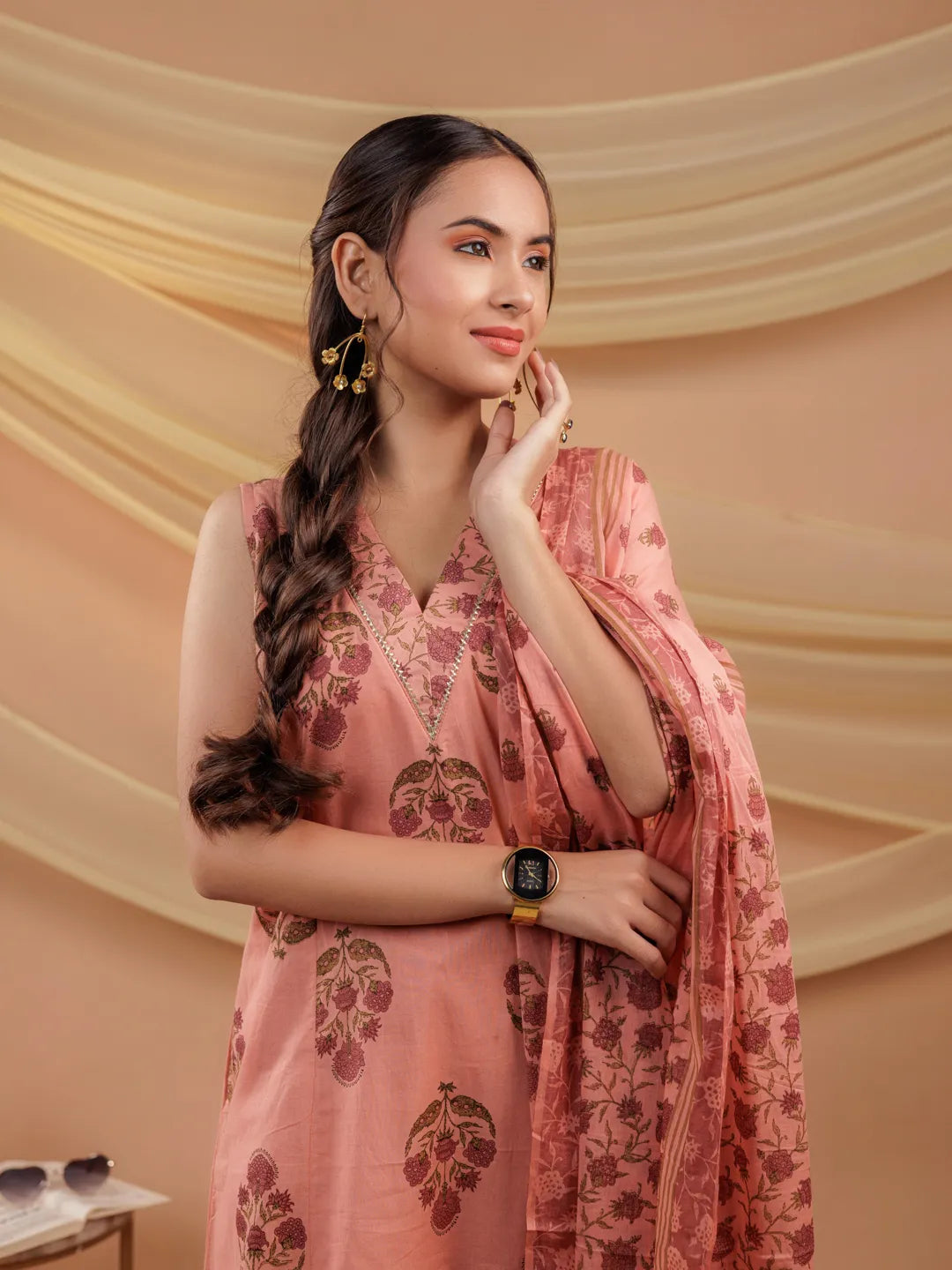 Yufta Peach Floral_Print Pure Cotton A-Line Kurta Dupatta Set | Grocsy