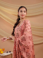 Yufta Peach Floral_Print Pure Cotton A-Line Kurta Dupatta Set | Grocsy