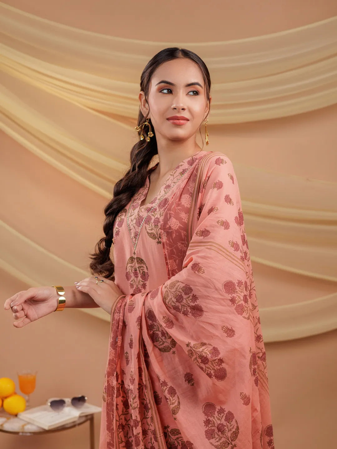 Yufta Peach Floral_Print Pure Cotton A-Line Kurta Dupatta Set | Grocsy