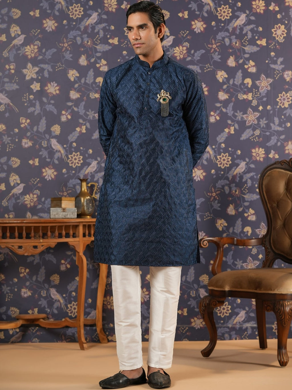 House of Pataudi Ethnic Motifs Embroidered Mandarin Collar Straight Kurta With Trouser | Grocsy