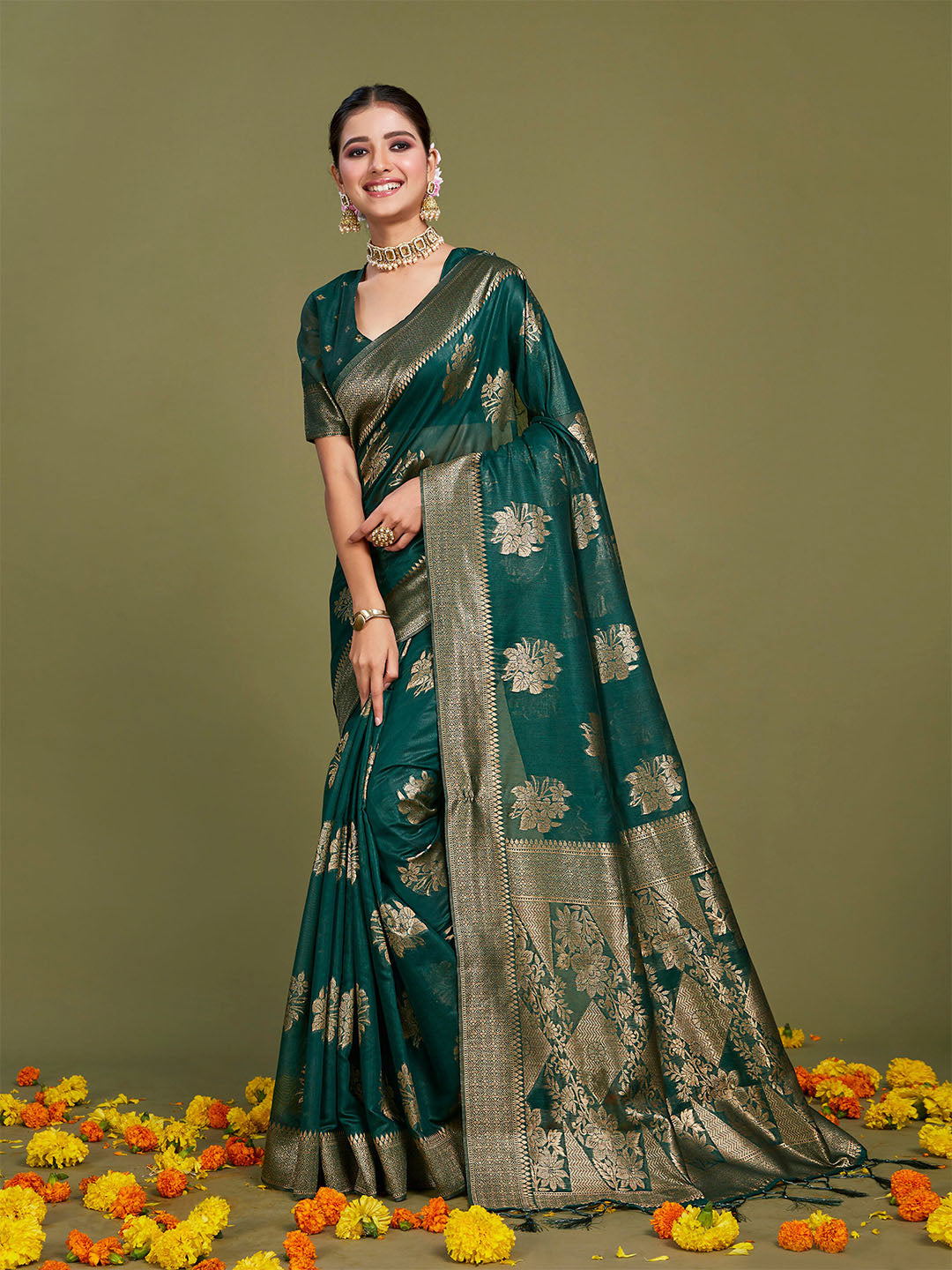 Sangria Ethnic Motifs Woven Design Linen Blend Saree | Grocsy