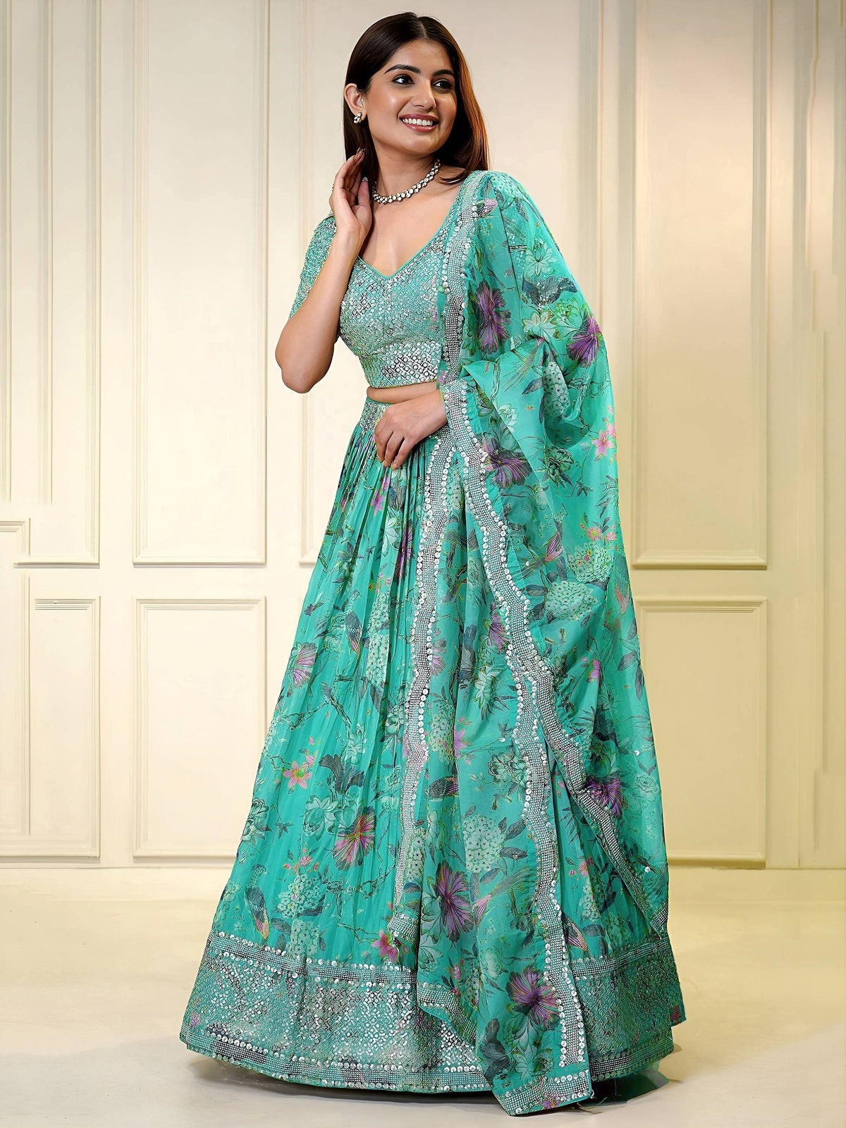 Tulsi Art Winning Turquoise Sequins Organza Reception Wear Lehenga Choli | Grocsy