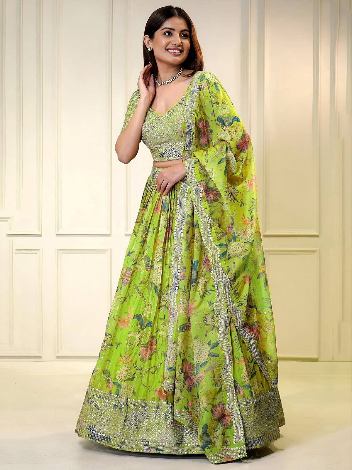 Tulsi Art Charming Neon Green Sequins Organza Function Wear Lehenga Choli | Grocsy