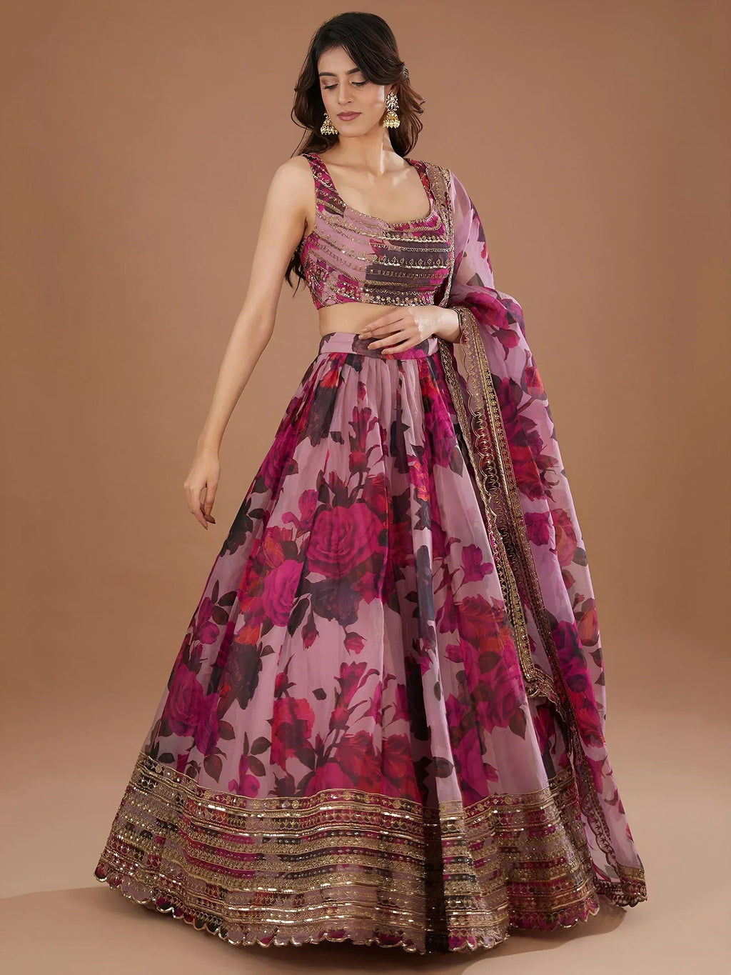 Tulsi Art Adorable Pink Floral Printed Organza Bridesmaid Lehenga Choli | Grocsy
