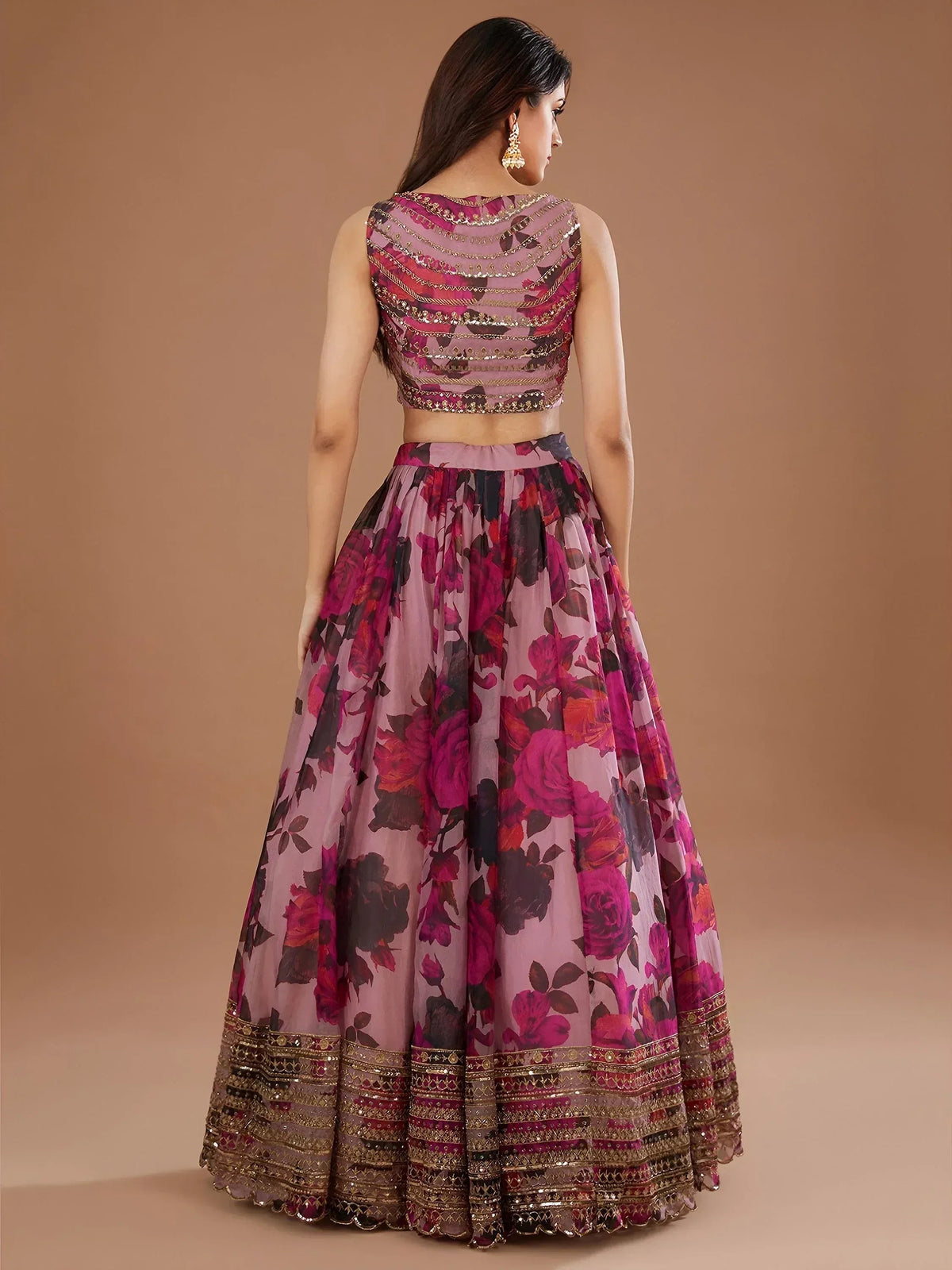 Tulsi Art Adorable Pink Floral Printed Organza Bridesmaid Lehenga Choli | Grocsy