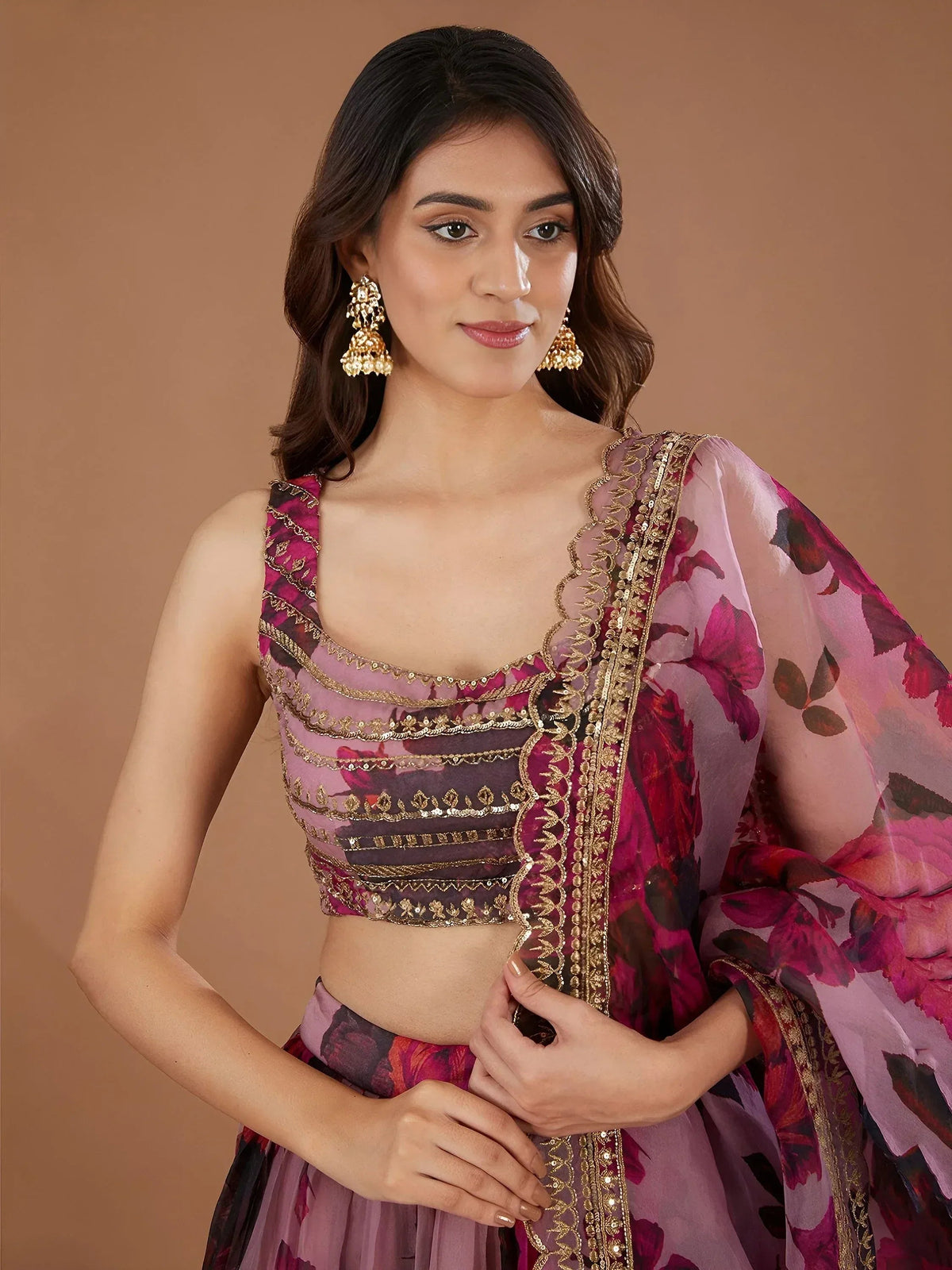 Tulsi Art Adorable Pink Floral Printed Organza Bridesmaid Lehenga Choli | Grocsy