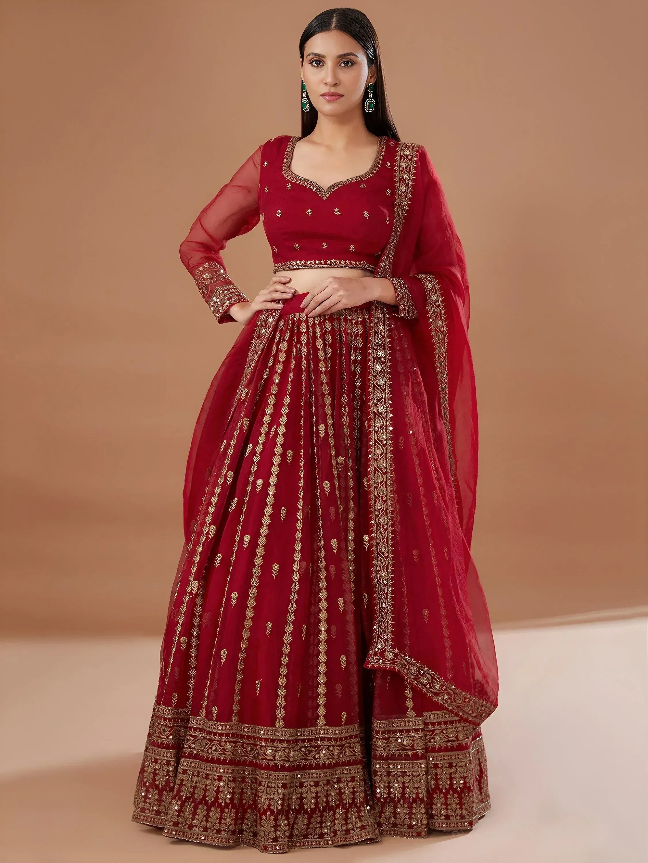 Tulsi Art Fantastic Red Zari Embroidered Organza Wedding Lehenga Choli | Grocsy