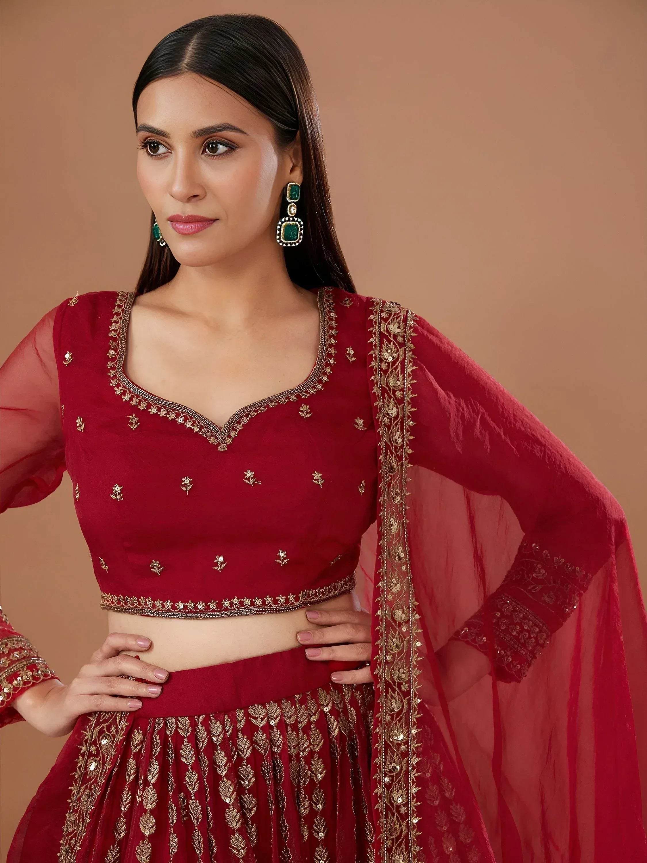 Tulsi Art Fantastic Red Zari Embroidered Organza Wedding Lehenga Choli | Grocsy