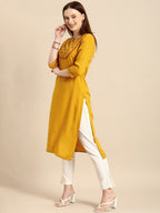 All About You Women Mustard Yellow Ethnic Motifs Yoke Design Keyhole Neck Straight Kurta | Grocsy