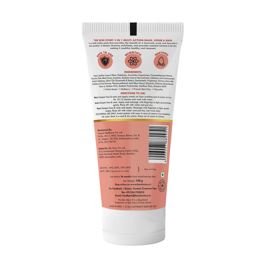 The Skin Story 3 in 1 Multi Action Face Mask, Scrub & Wash For Deeply Cleansed | Grocsy
