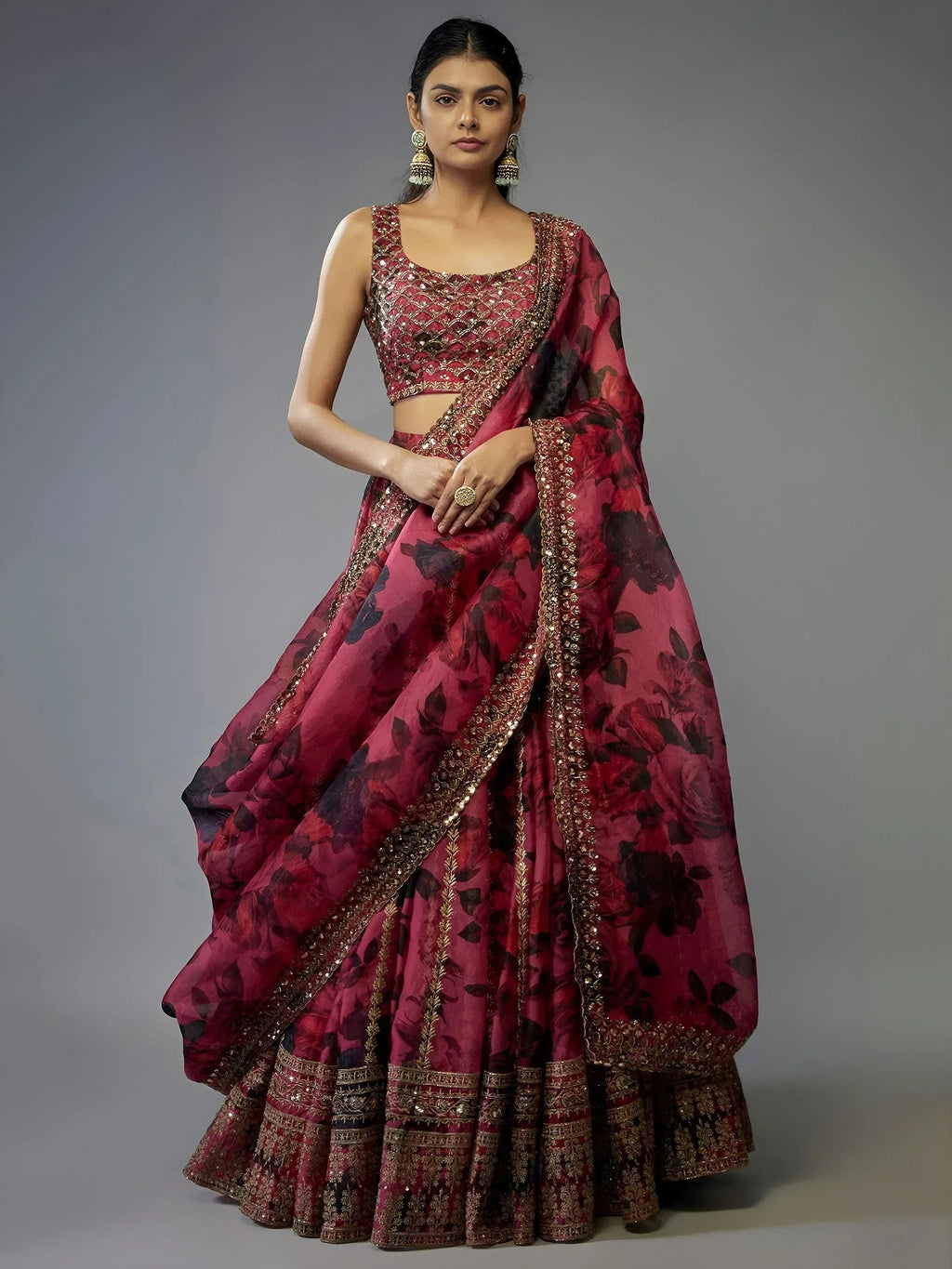 Tulsi Art Gorgeous Coral Pink Floral Printed Organza Sangeet Wear Lehenga Choli | Grocsy