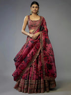 Tulsi Art Gorgeous Coral Pink Floral Printed Organza Sangeet Wear Lehenga Choli | Grocsy