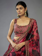 Tulsi Art Gorgeous Coral Pink Floral Printed Organza Sangeet Wear Lehenga Choli | Grocsy
