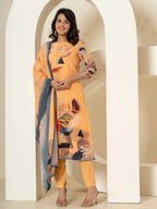 Yufta Orange Pure Crepe Placement Print Kurta Dupatta Set | Grocsy