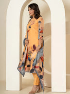 Yufta Orange Pure Crepe Placement Print Kurta Dupatta Set | Grocsy