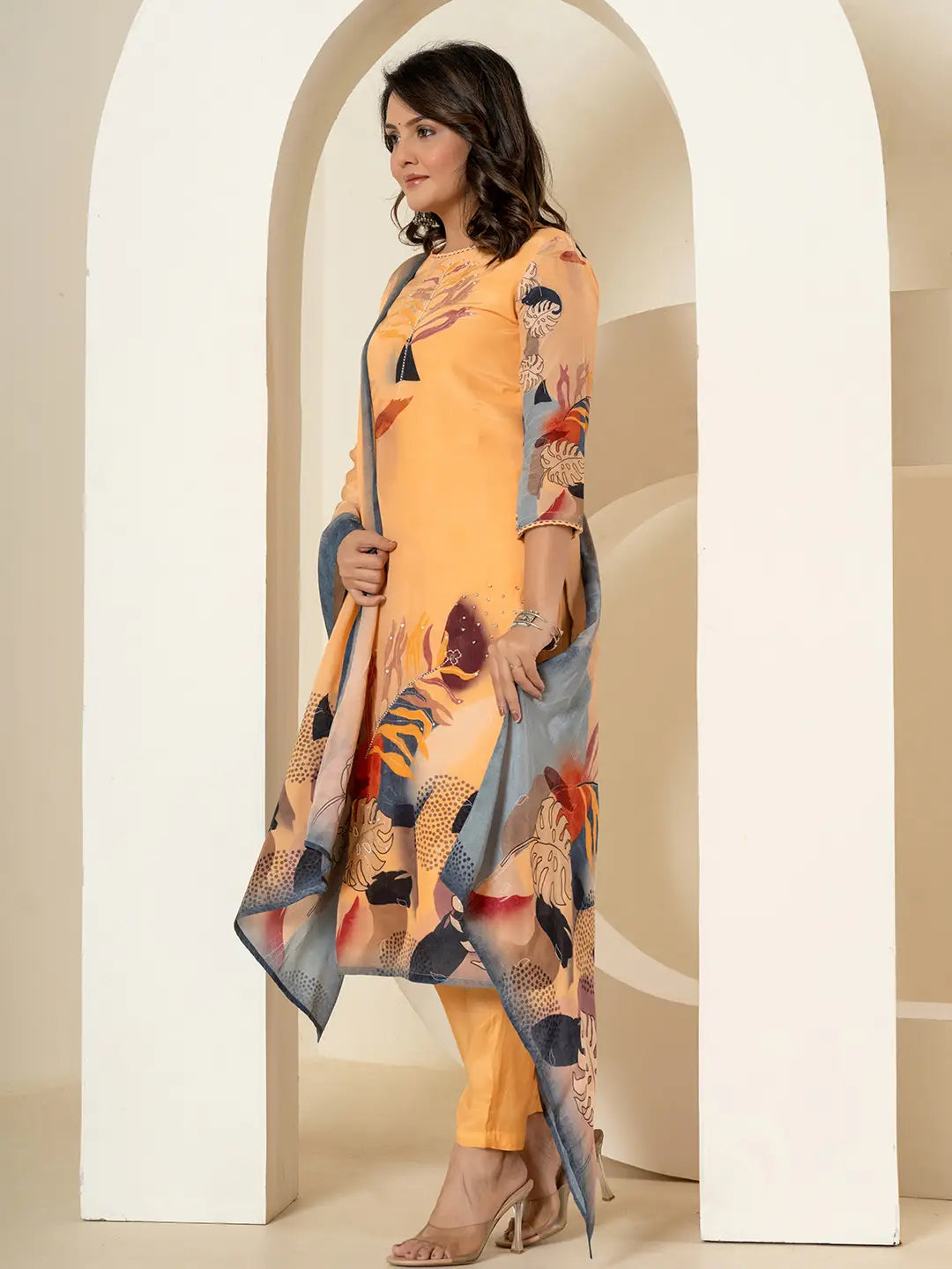 Yufta Orange Pure Crepe Placement Print Kurta Dupatta Set | Grocsy