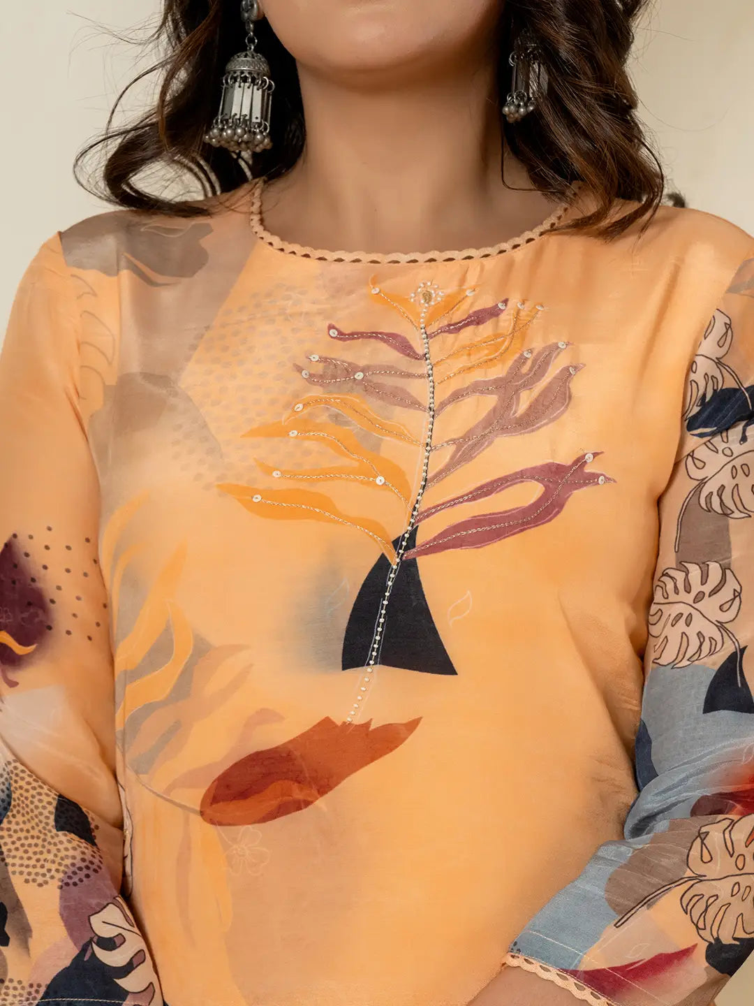 Yufta Orange Pure Crepe Placement Print Kurta Dupatta Set | Grocsy
