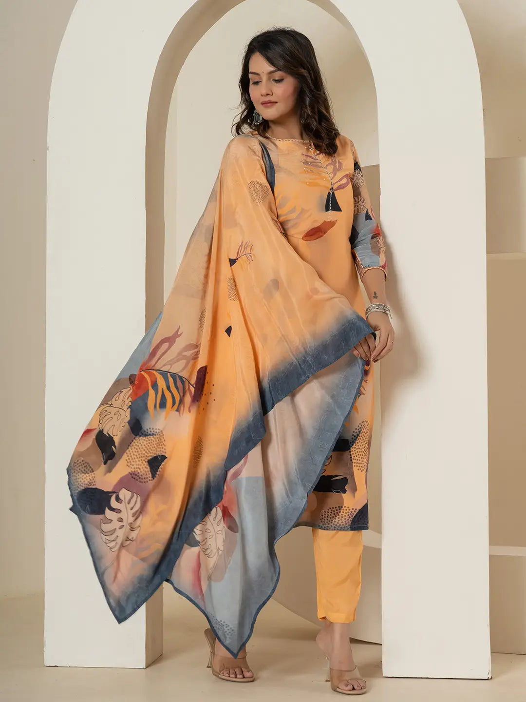 Yufta Orange Pure Crepe Placement Print Kurta Dupatta Set | Grocsy
