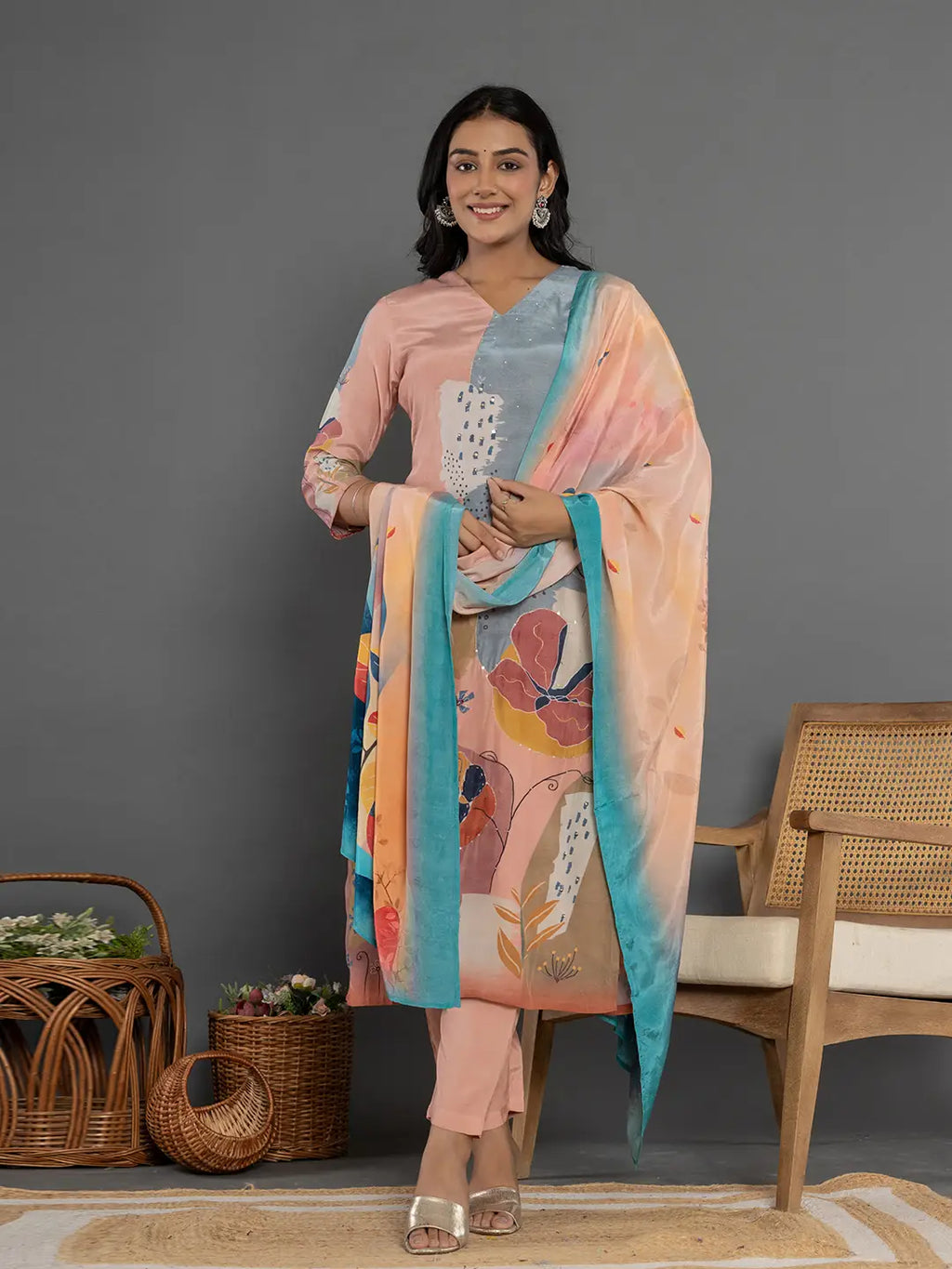 Yufta Multi Pure Crepe Placement Print Kurta Dupatta Set | Grocsy