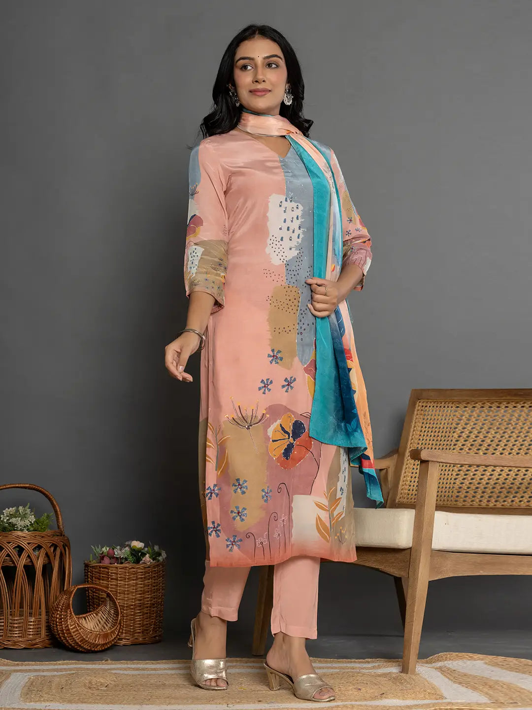 Yufta Multi Pure Crepe Placement Print Kurta Dupatta Set | Grocsy