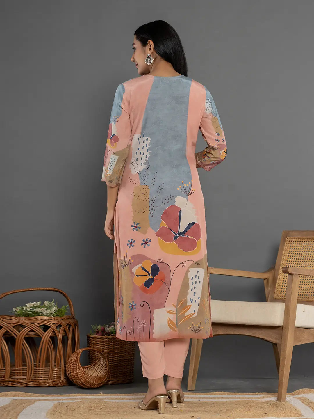 Yufta Multi Pure Crepe Placement Print Kurta Dupatta Set | Grocsy