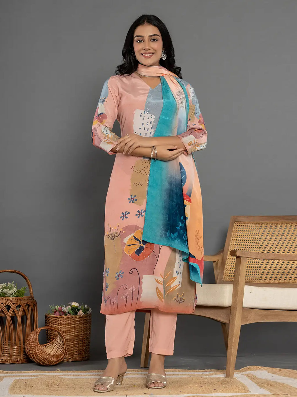 Yufta Multi Pure Crepe Placement Print Kurta Dupatta Set | Grocsy
