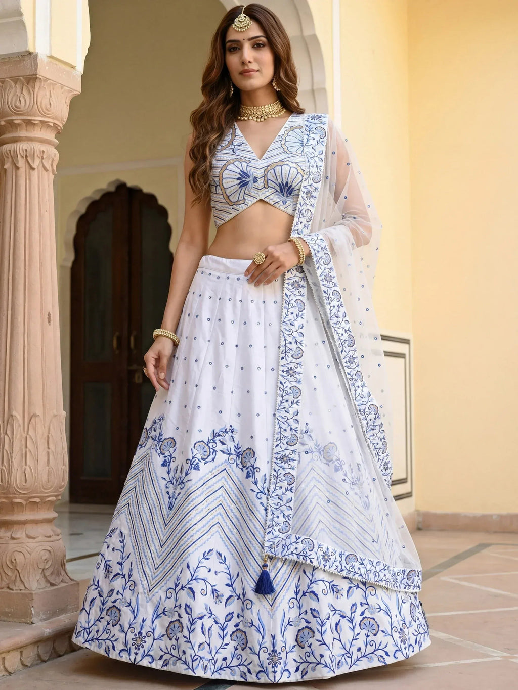 Tulsi Art Awesome White Embroidered Satin Sangeet Wear Lehenga Choli | Grocsy