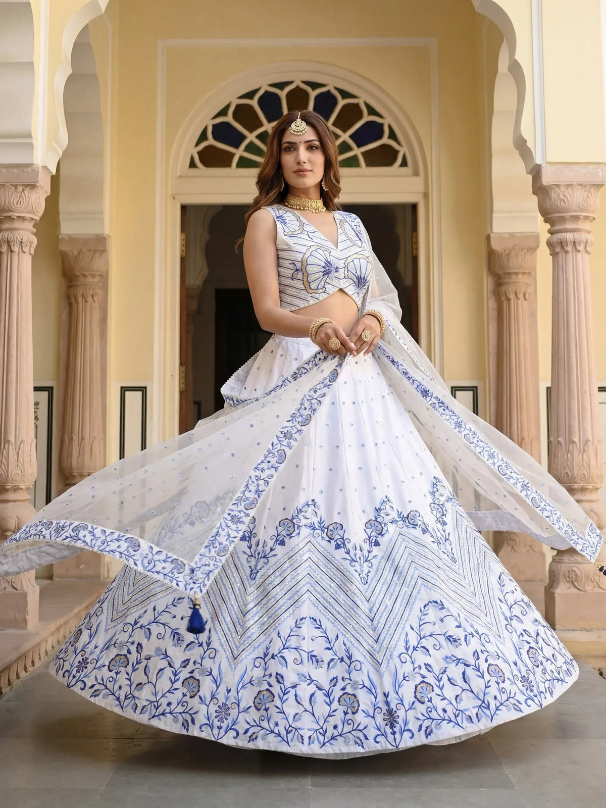 Tulsi Art Awesome White Embroidered Satin Sangeet Wear Lehenga Choli | Grocsy
