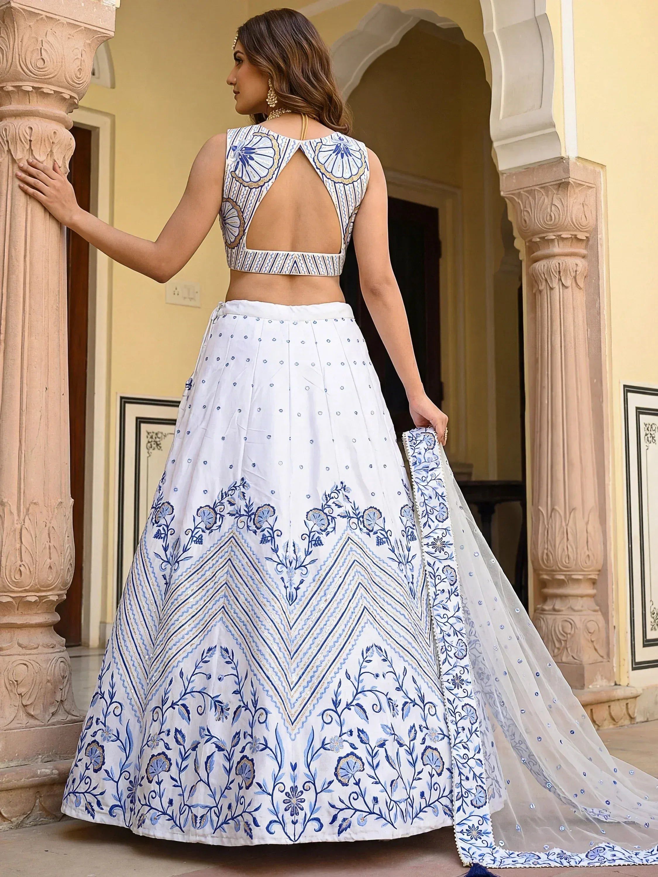 Tulsi Art Awesome White Embroidered Satin Sangeet Wear Lehenga Choli | Grocsy