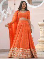 Tulsi Art Pretty Orange Sequins Georgette Sangeet Wear Lehenga Choli | Grocsy