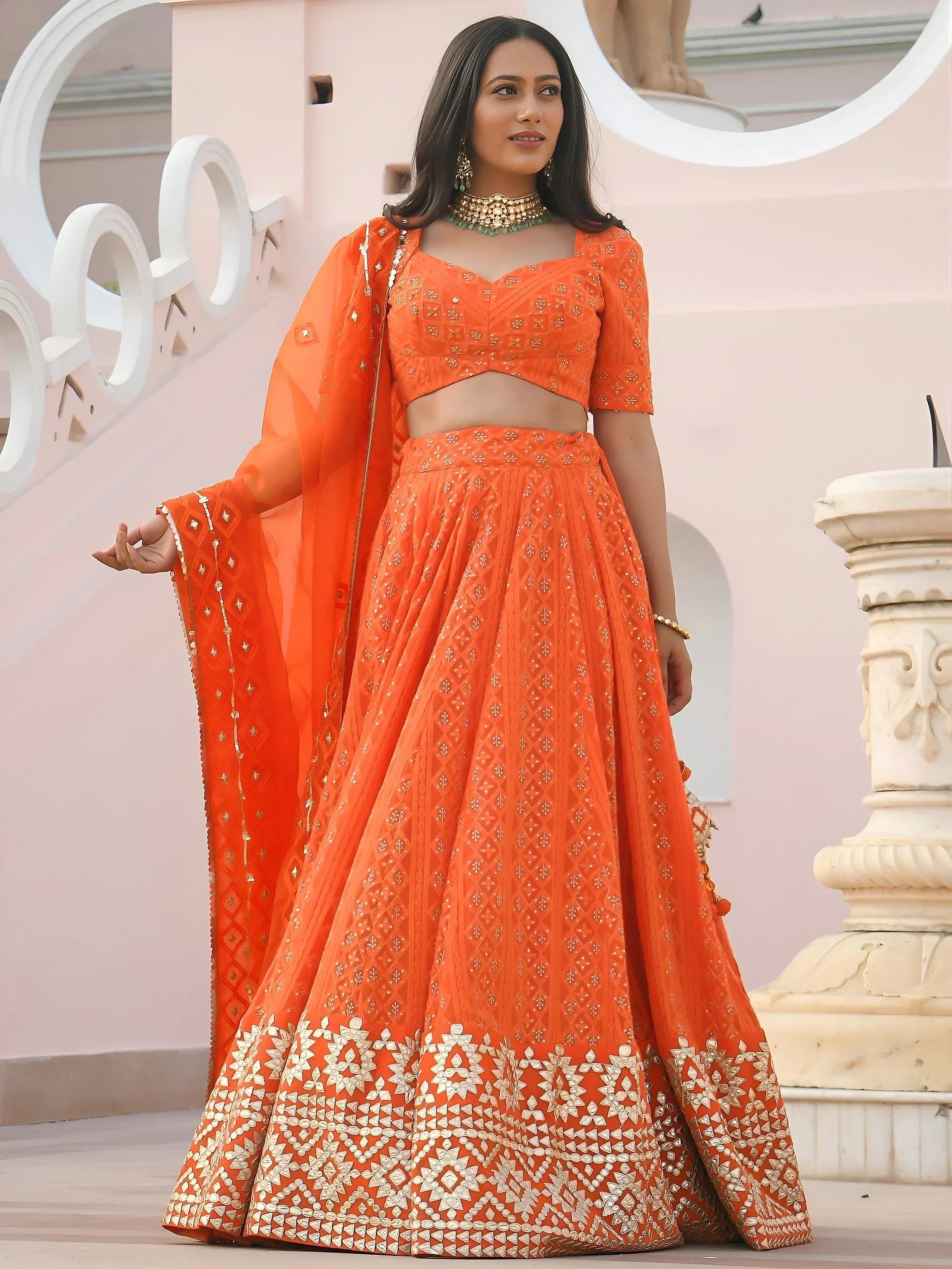 Tulsi Art Pretty Orange Sequins Georgette Sangeet Wear Lehenga Choli | Grocsy