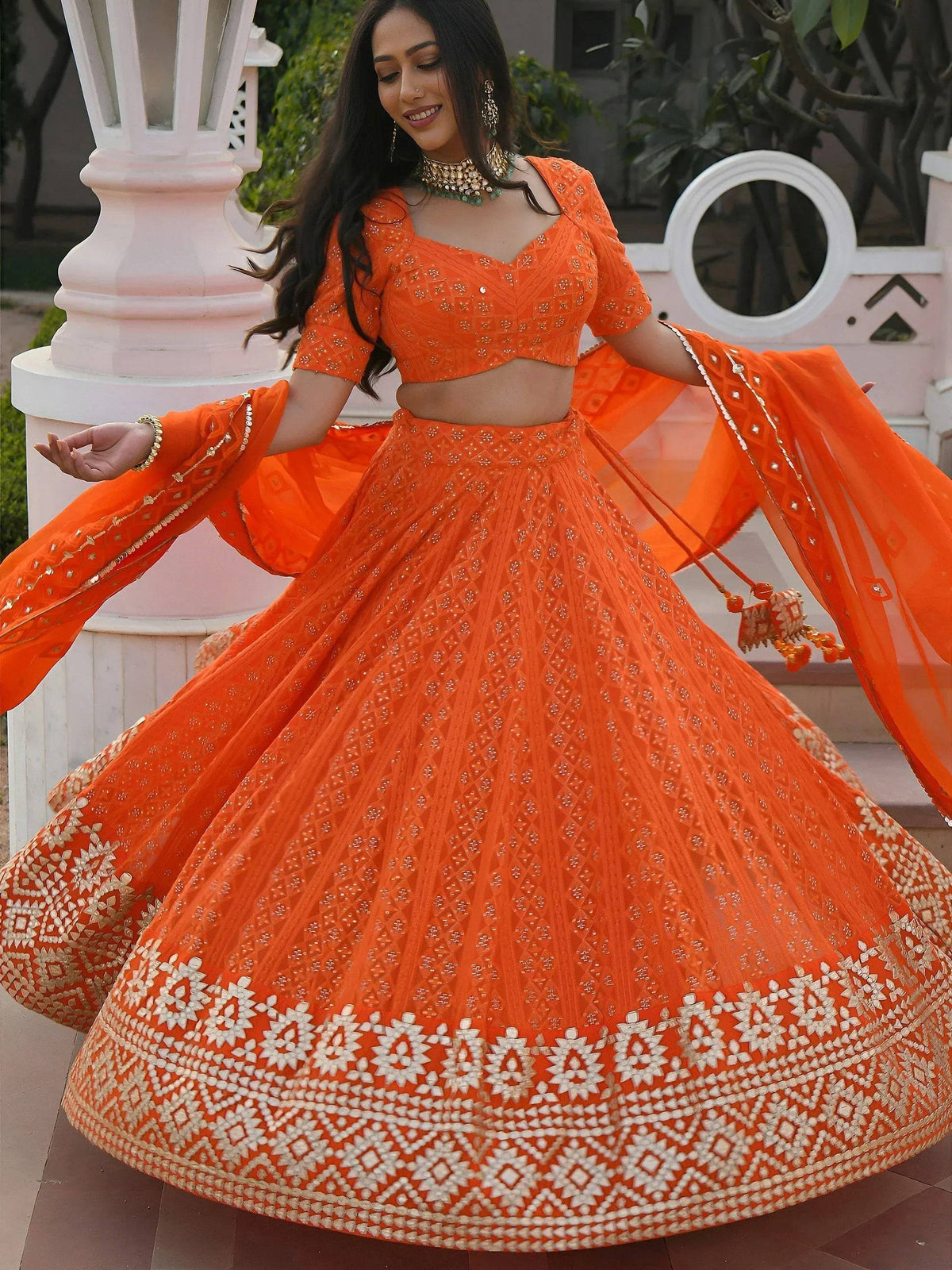 Tulsi Art Pretty Orange Sequins Georgette Sangeet Wear Lehenga Choli | Grocsy