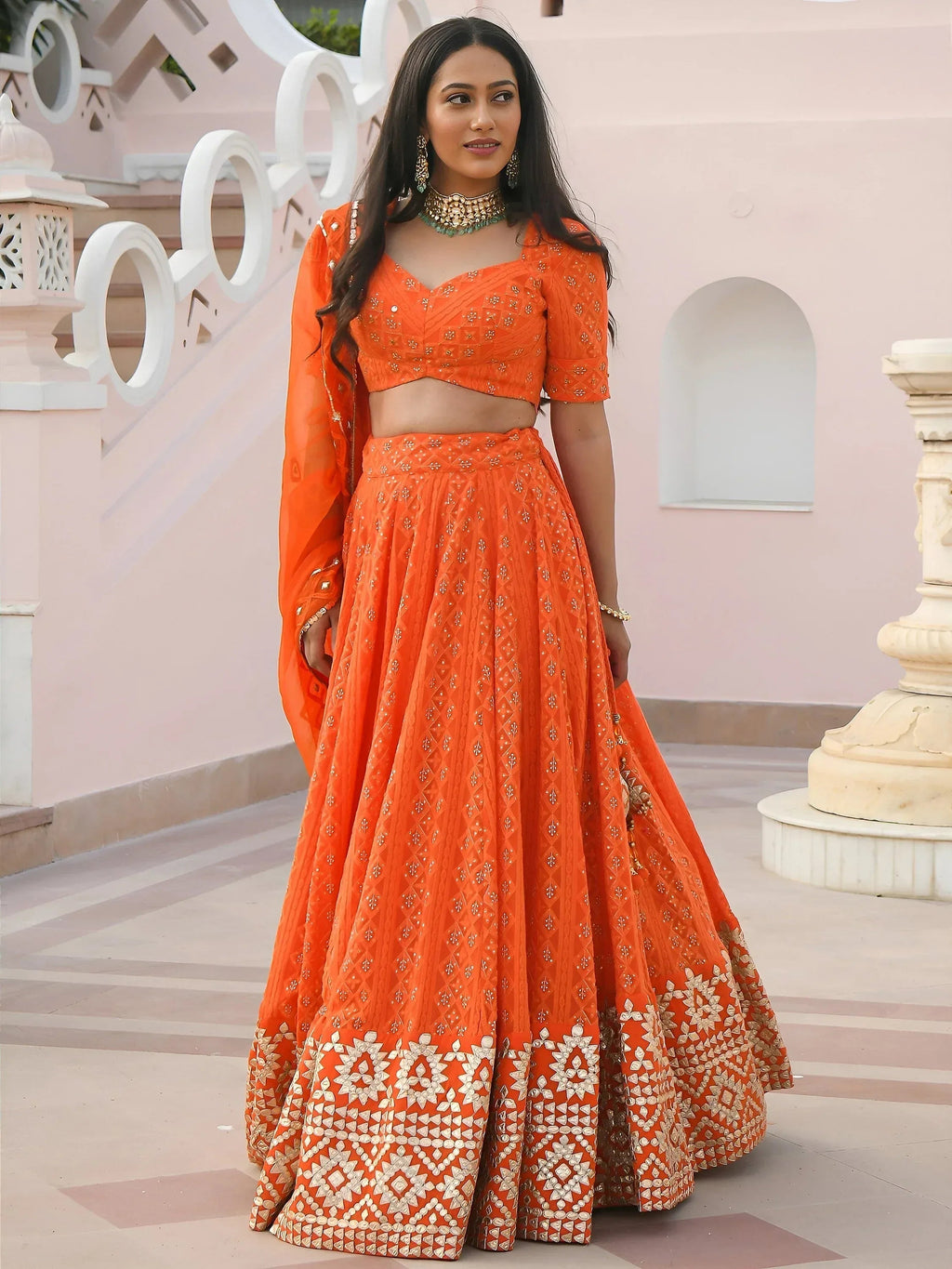 Tulsi Art Pretty Orange Sequins Georgette Sangeet Wear Lehenga Choli | Grocsy