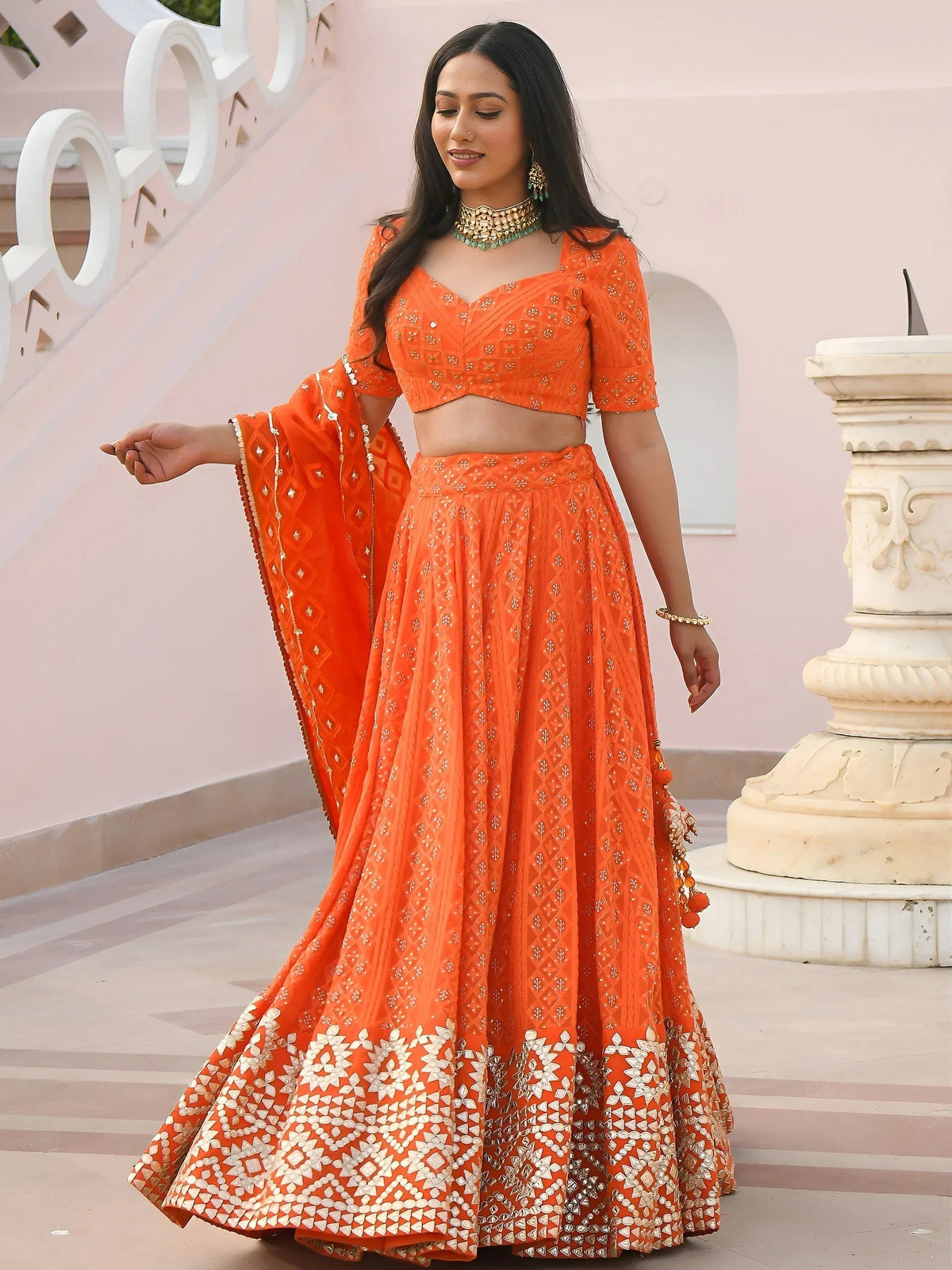Tulsi Art Pretty Orange Sequins Georgette Sangeet Wear Lehenga Choli | Grocsy