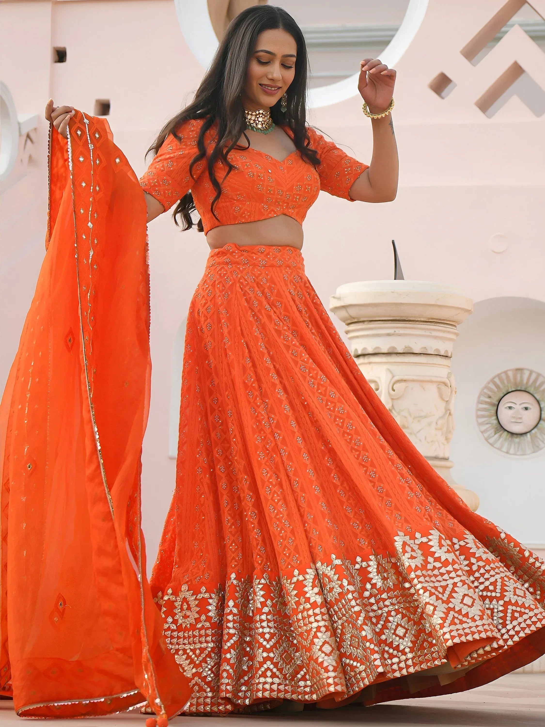 Tulsi Art Pretty Orange Sequins Georgette Sangeet Wear Lehenga Choli | Grocsy