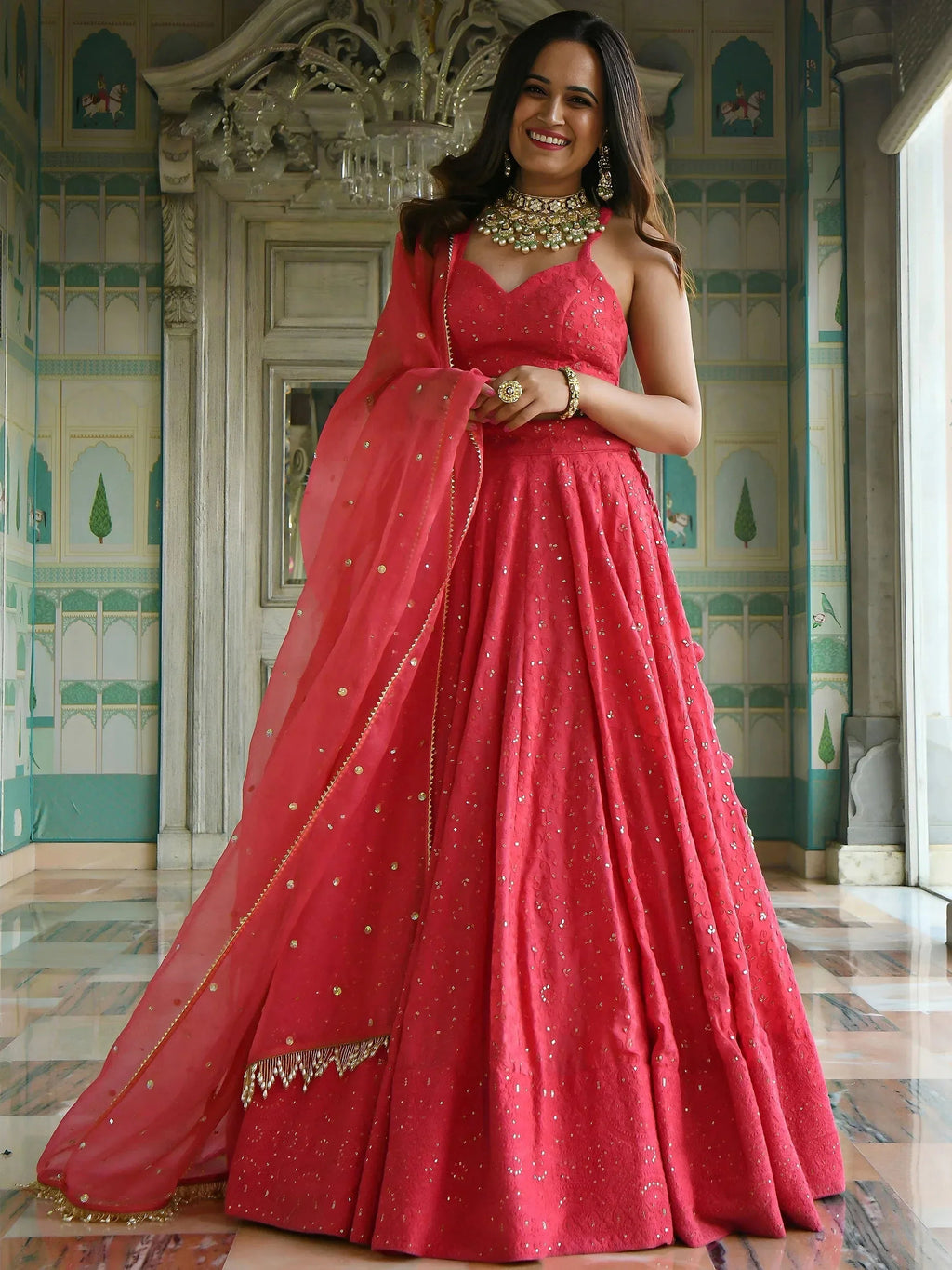Tulsi Art Lovely Pink Sequins Embroidered Georgette Wedding Wear Lehenga Choli | Grocsy