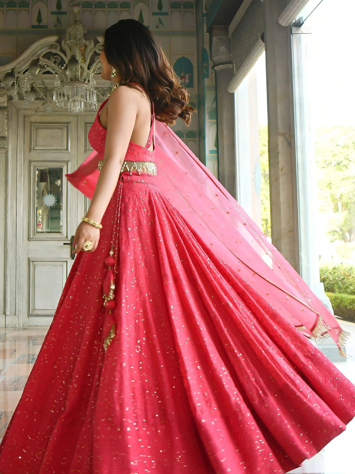 Tulsi Art Lovely Pink Sequins Embroidered Georgette Wedding Wear Lehenga Choli | Grocsy