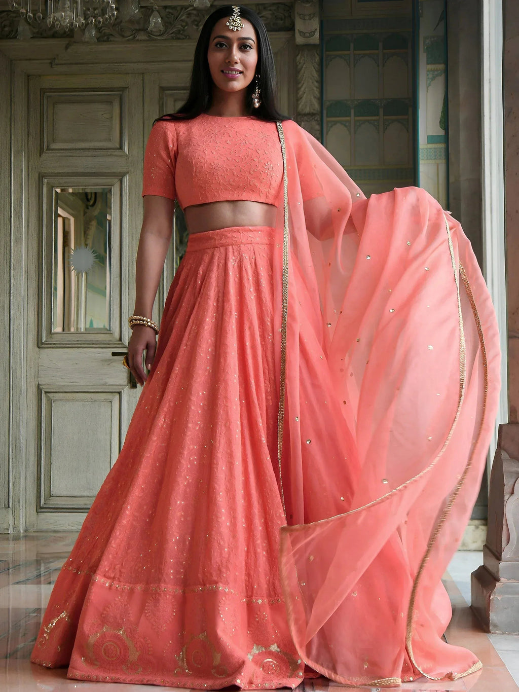 Tulsi Art Amazing Peach Thread Embroidered Monochrome Bridesmaid Lehenga Choli | Grocsy