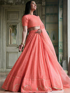 Tulsi Art Amazing Peach Thread Embroidered Monochrome Bridesmaid Lehenga Choli | Grocsy