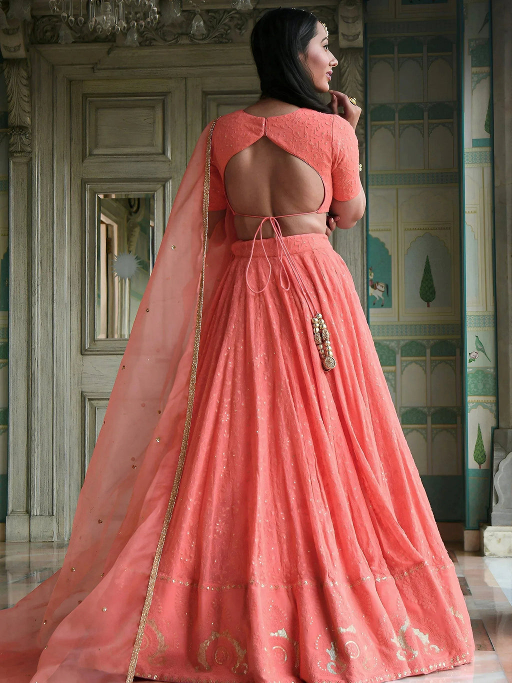 Tulsi Art Amazing Peach Thread Embroidered Monochrome Bridesmaid Lehenga Choli | Grocsy
