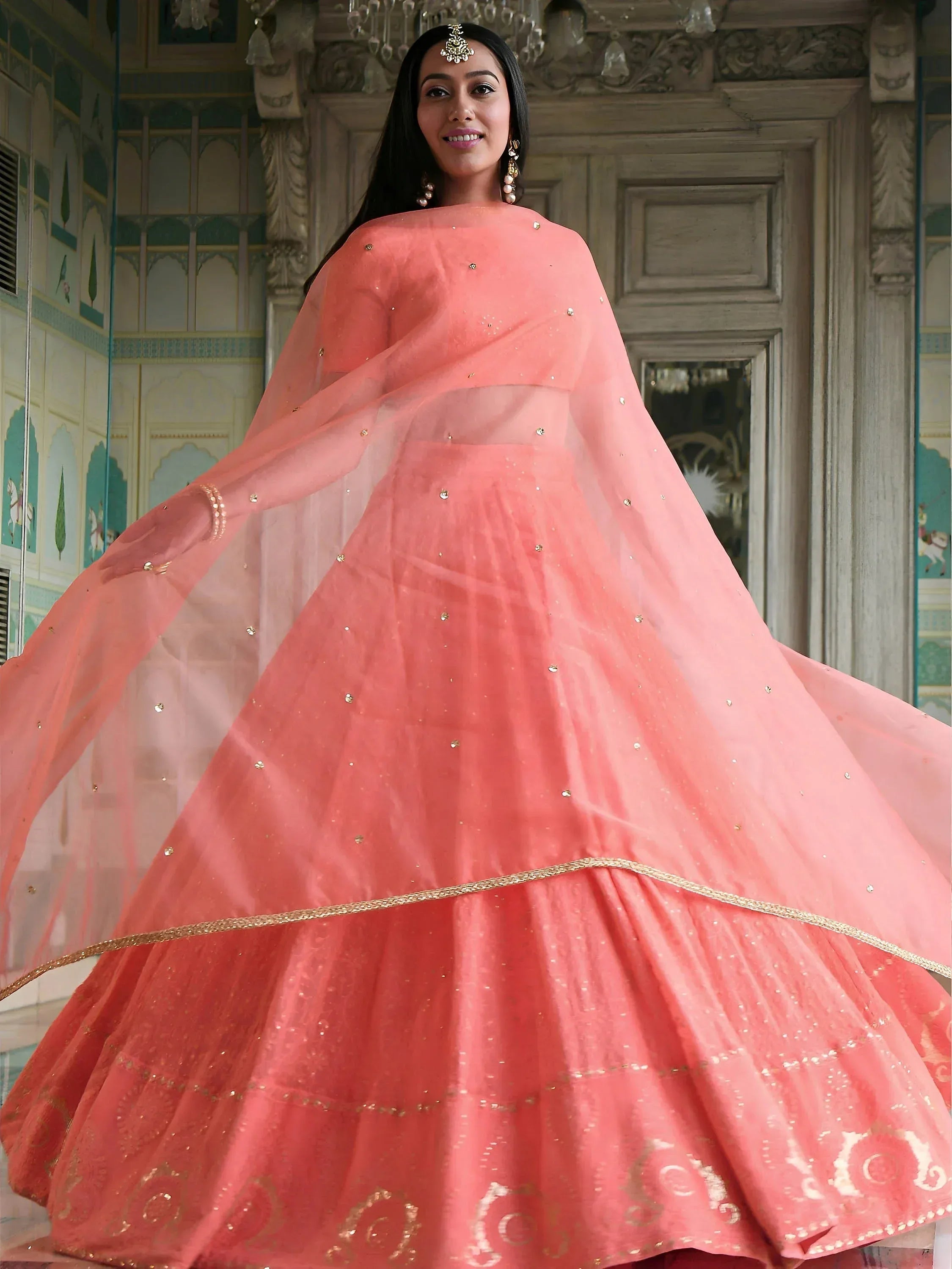 Tulsi Art Amazing Peach Thread Embroidered Monochrome Bridesmaid Lehenga Choli | Grocsy