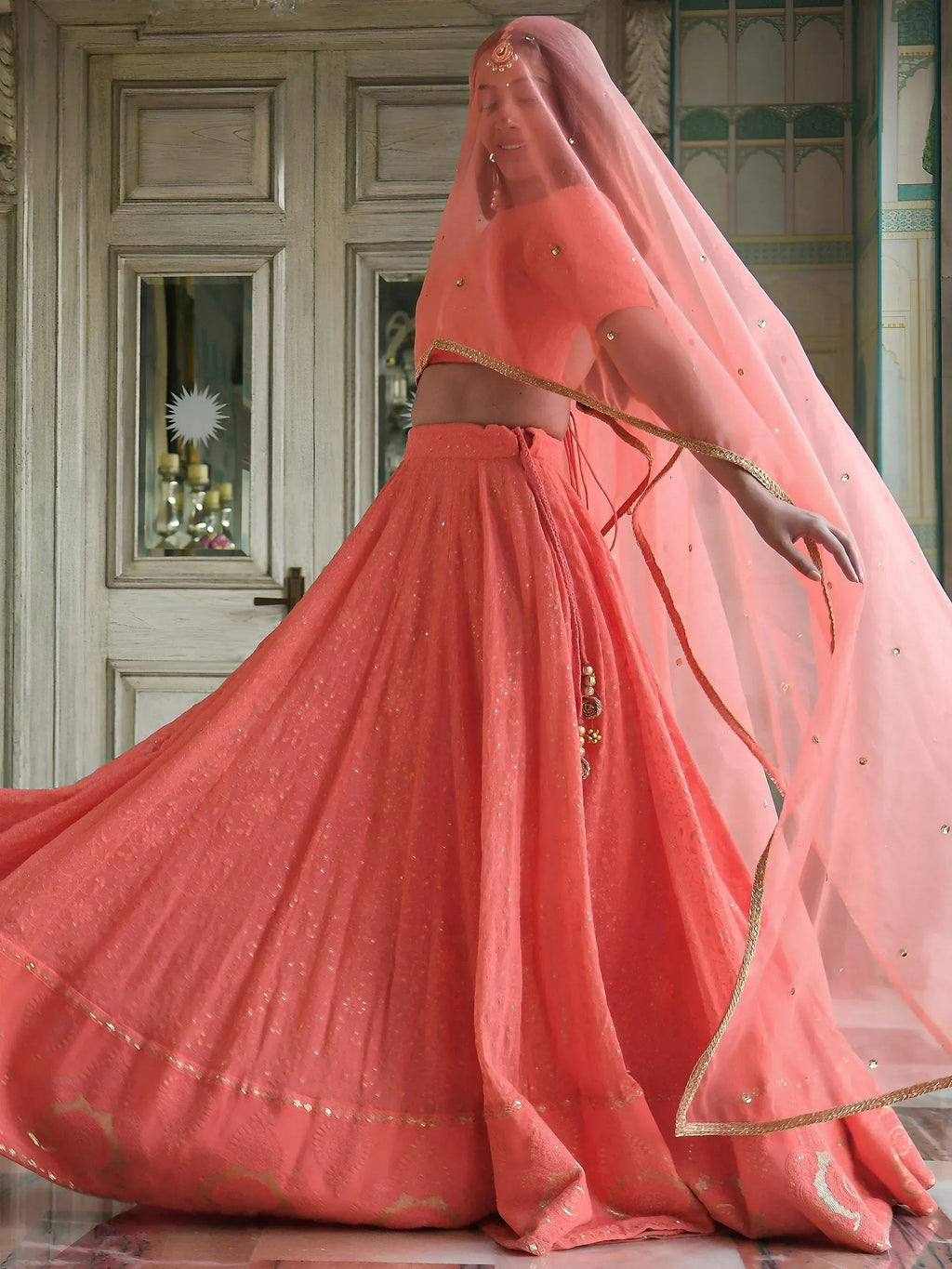 Tulsi Art Amazing Peach Thread Embroidered Monochrome Bridesmaid Lehenga Choli | Grocsy