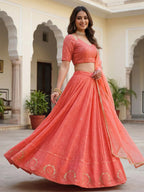 Tulsi Art Impressive Peach Embroidered Georgette Festival Wear Lehenga Choli | Grocsy