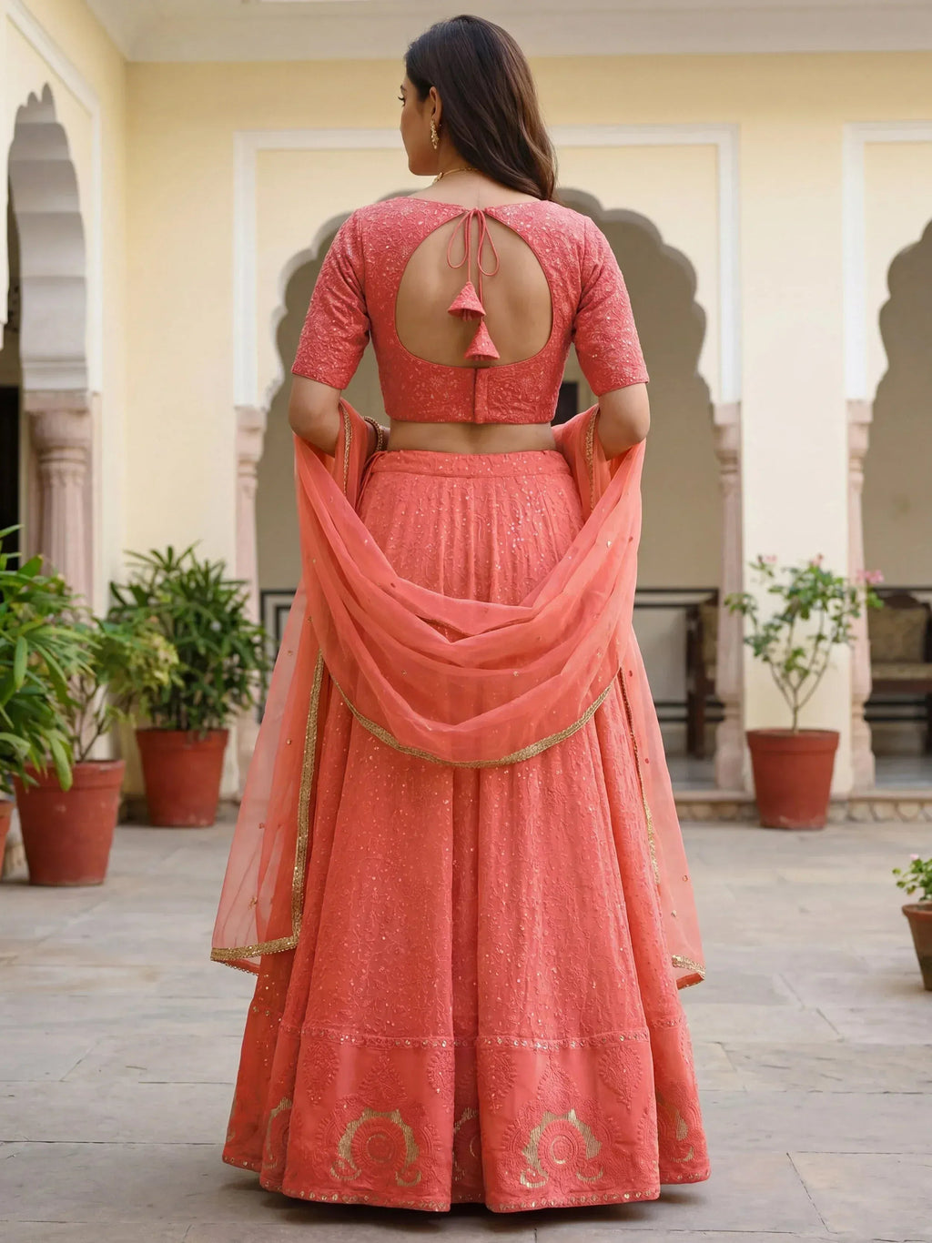 Tulsi Art Impressive Peach Embroidered Georgette Festival Wear Lehenga Choli | Grocsy