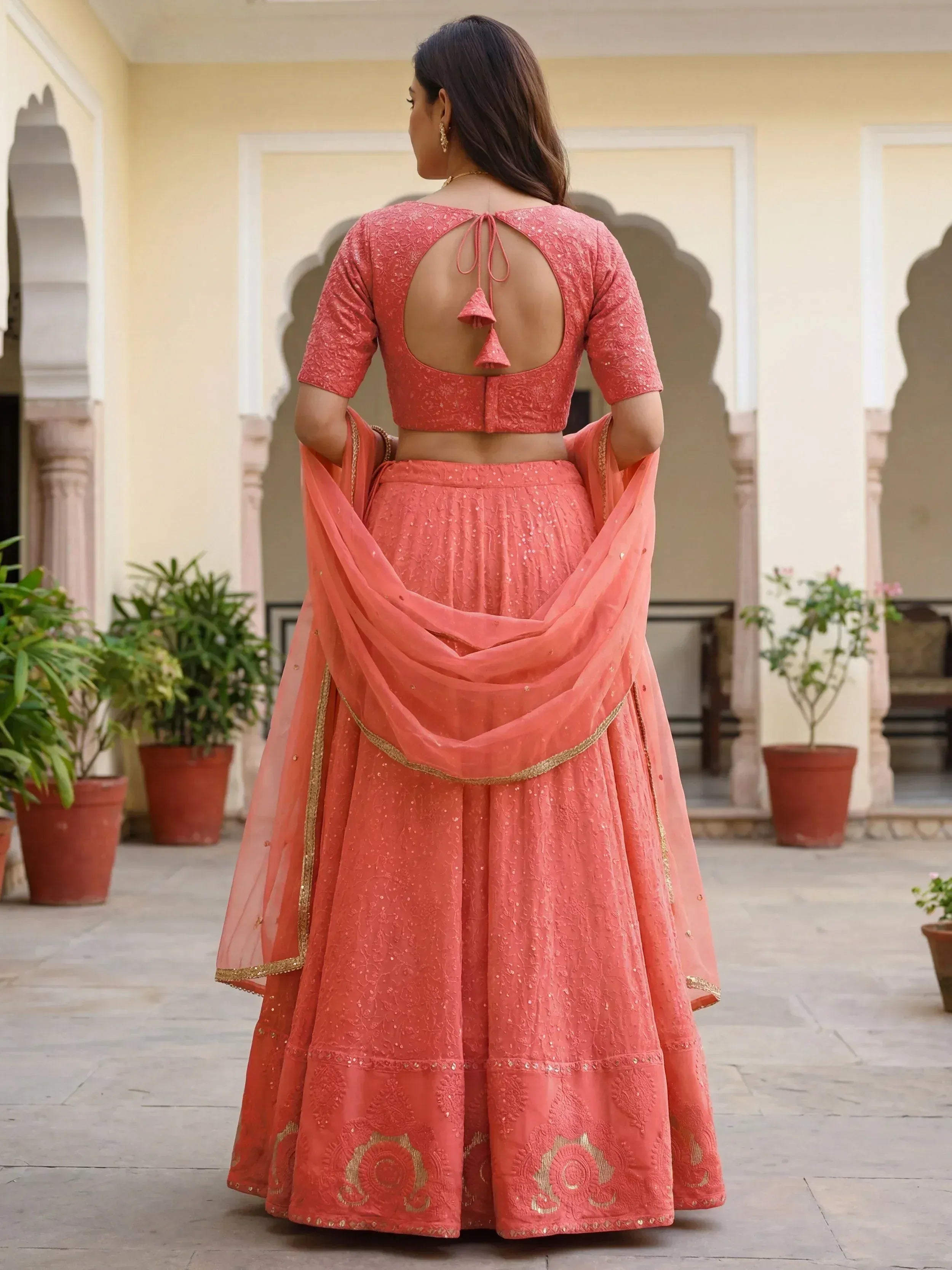Tulsi Art Impressive Peach Embroidered Georgette Festival Wear Lehenga Choli | Grocsy