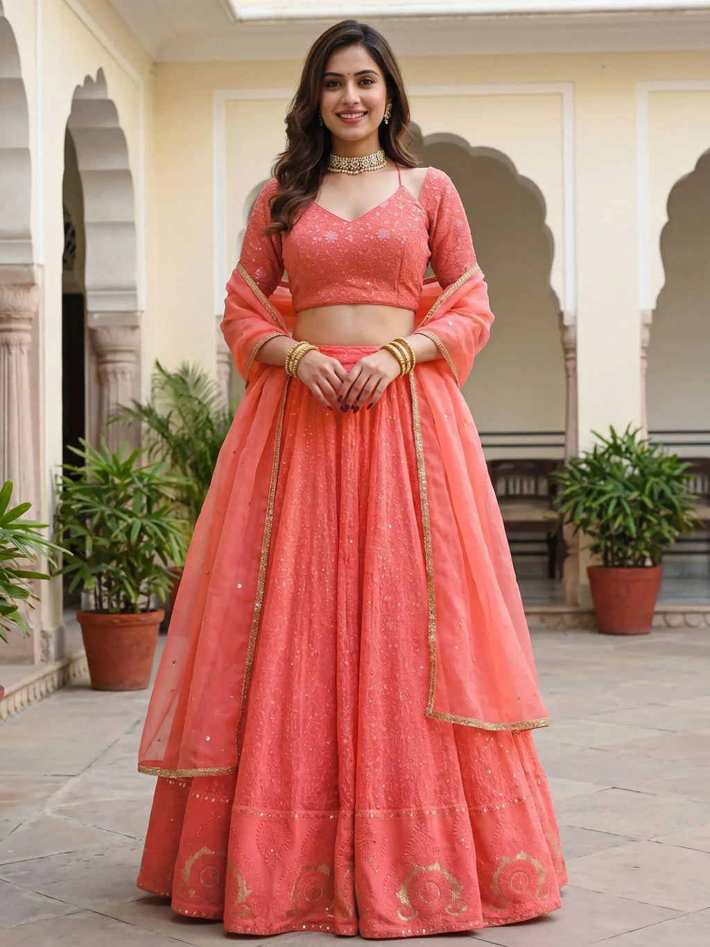 Tulsi Art Impressive Peach Embroidered Georgette Festival Wear Lehenga Choli | Grocsy