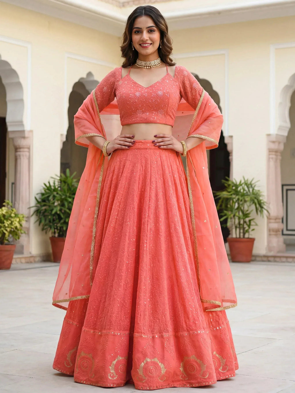 Tulsi Art Impressive Peach Embroidered Georgette Festival Wear Lehenga Choli | Grocsy